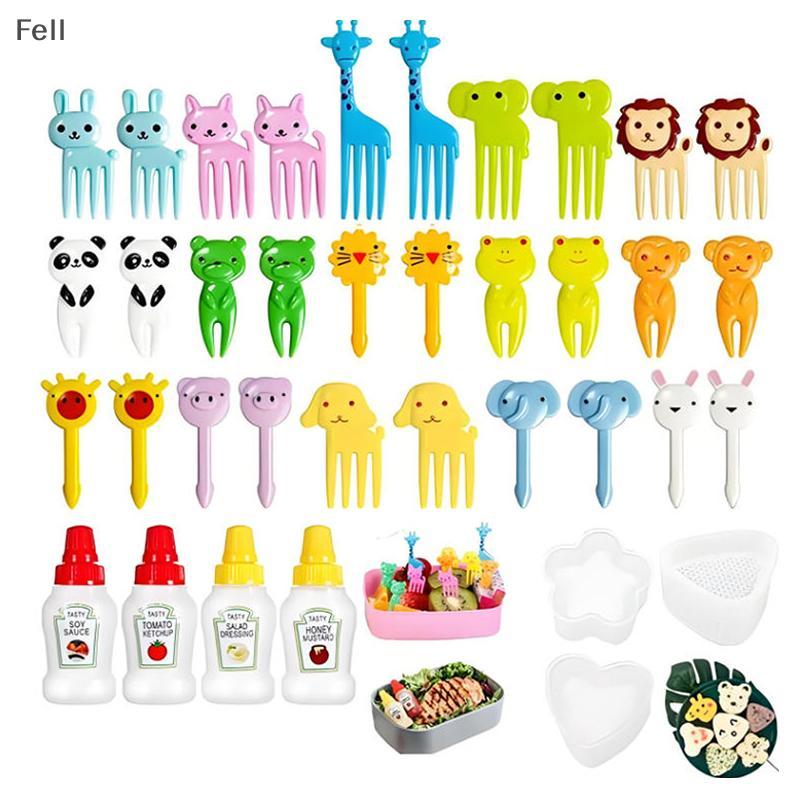 [Fel] 12-46pcs Conjunto De Acessórios Bento Box Mini Garfos De Frutas Fofos Portátil De Dispensador De Molho De Tomate P