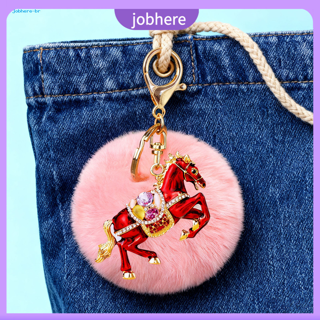 Golden Plated Keychain Rhinestone Sparkling Horse with Plush Ball – Cute Car Key Ring Charm Perfect Gift for Holidays