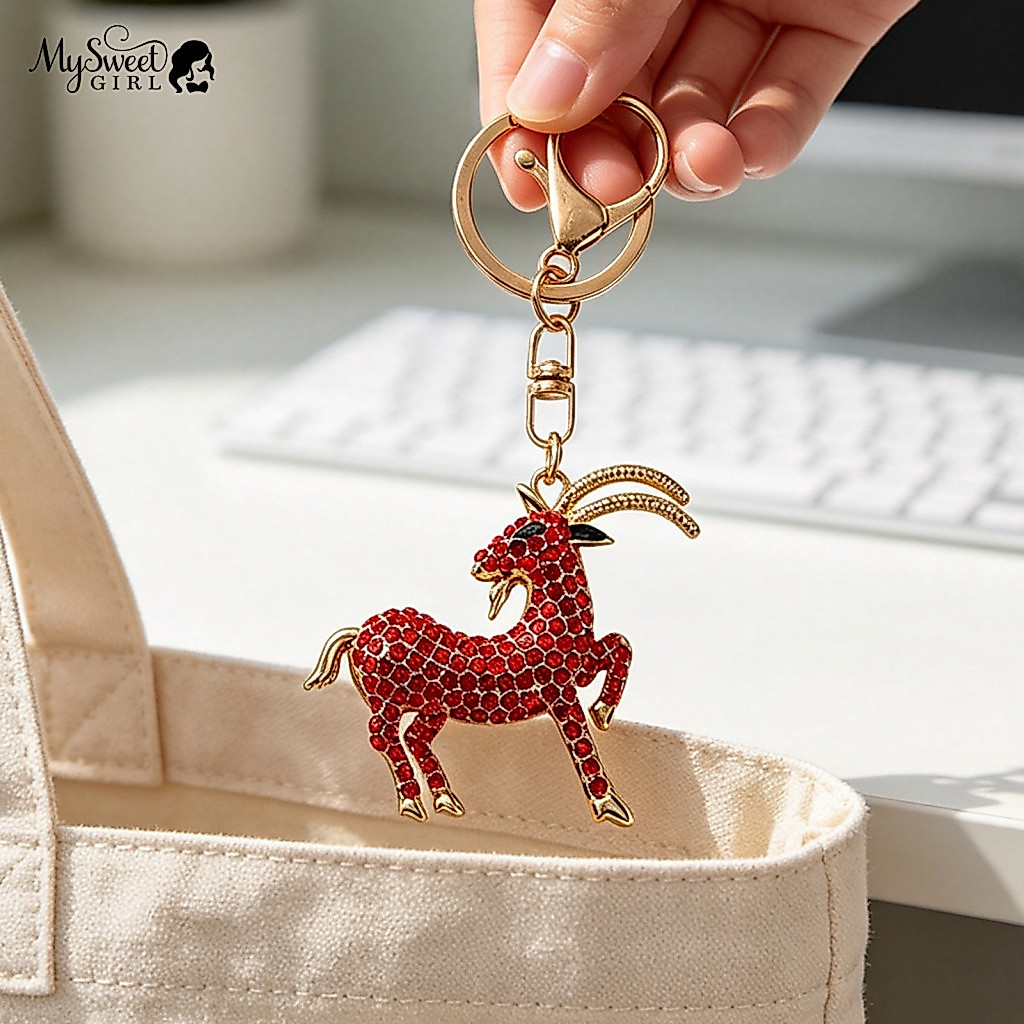 Rhinestone Goat Keychain Zinc Alloy Bag Charm Golden Plated Sparkling Sheep – Bling Pendant for Backpack Handbag Car C