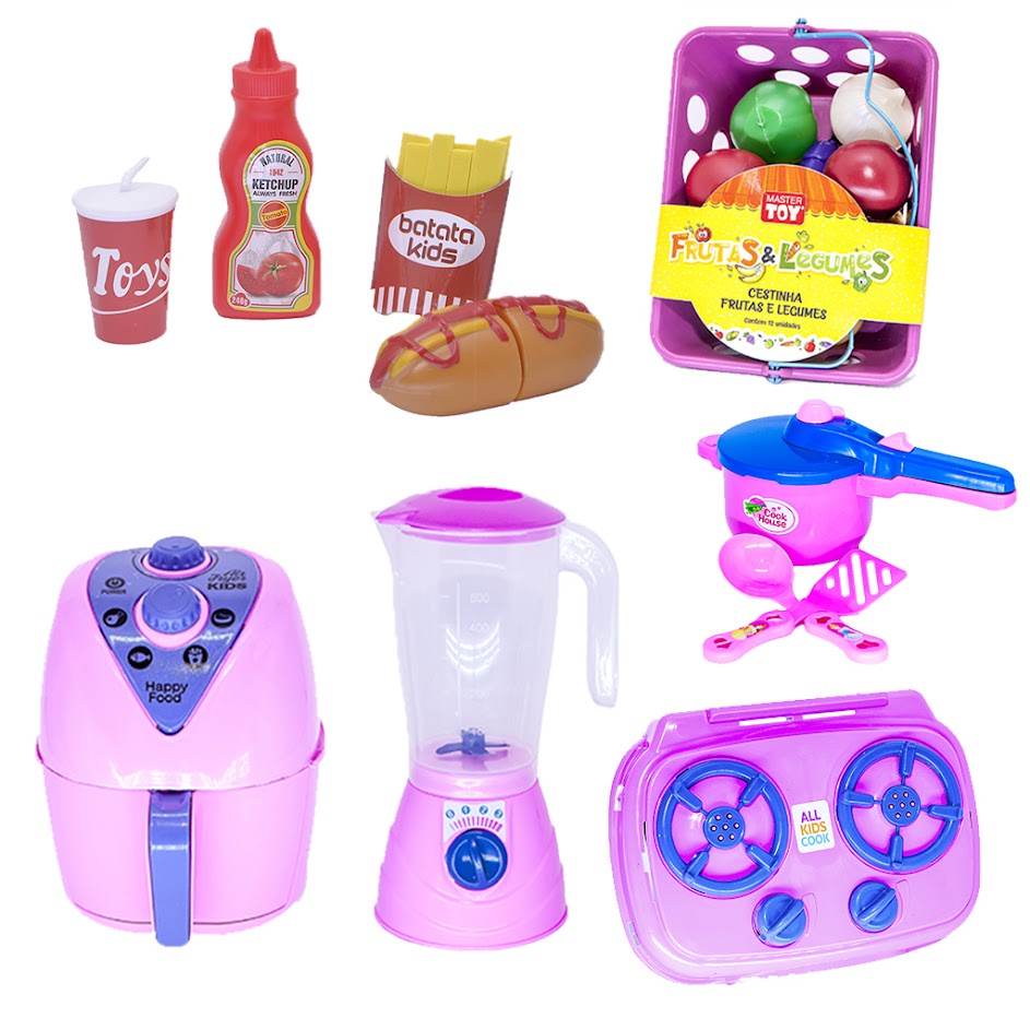 Brinquedo Cozinha Menina  Air Fryer Comida Mercado 23pç