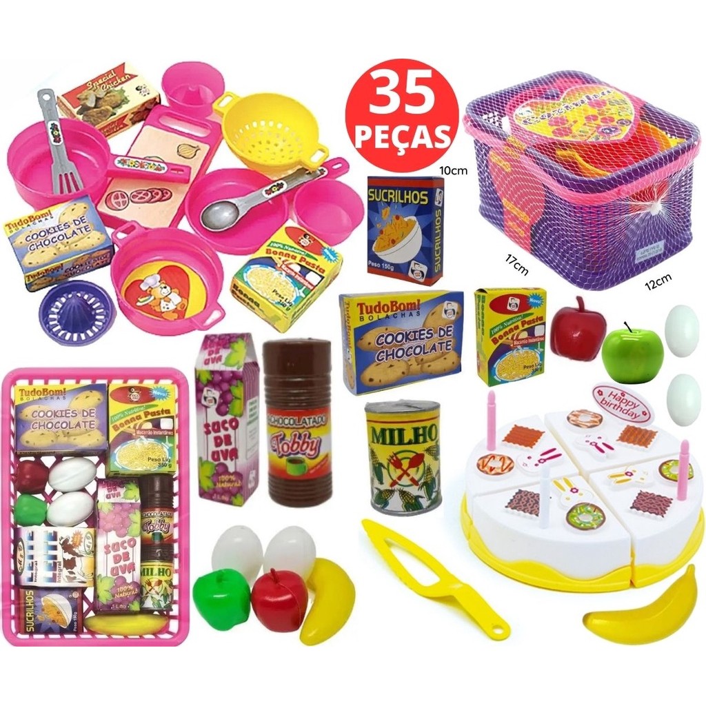 Kit Infantil Cesta Com Cozinha Completa Bolo De Aniversário E Mini Mercado 35 Peças Comida De Brinquedo
