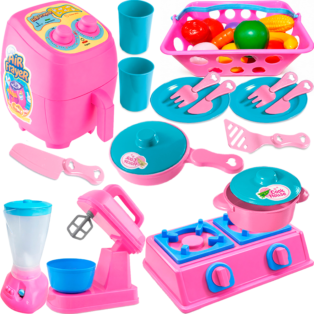 Kit Infantil Cozinha Completa Comida Mercado Fogão Air Fryer Faz De Conta Menina e Menino