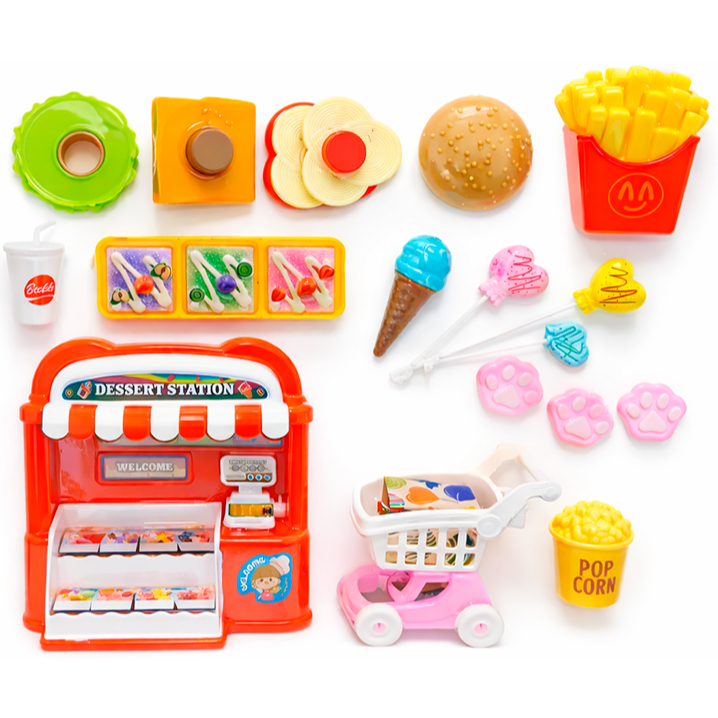 KIT DE  Comida Fast Food Carrinho Sorveteria Cozinha Faz de Conta Criança  FELIZ Lanche da Turma