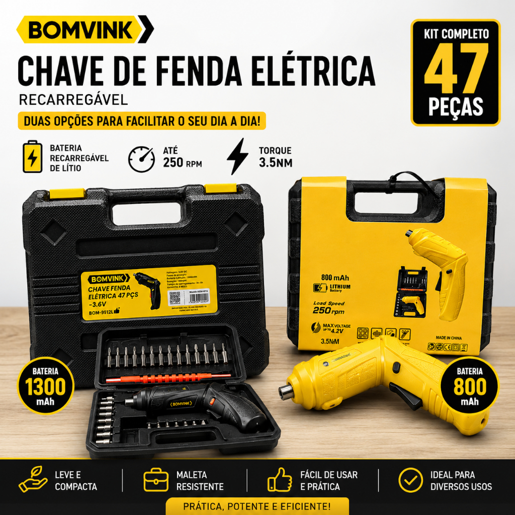 Chave de Fenda Elétrica Recarregável 3,6V Kit 47 Peças 800mAh ou 1300mAh com Maleta