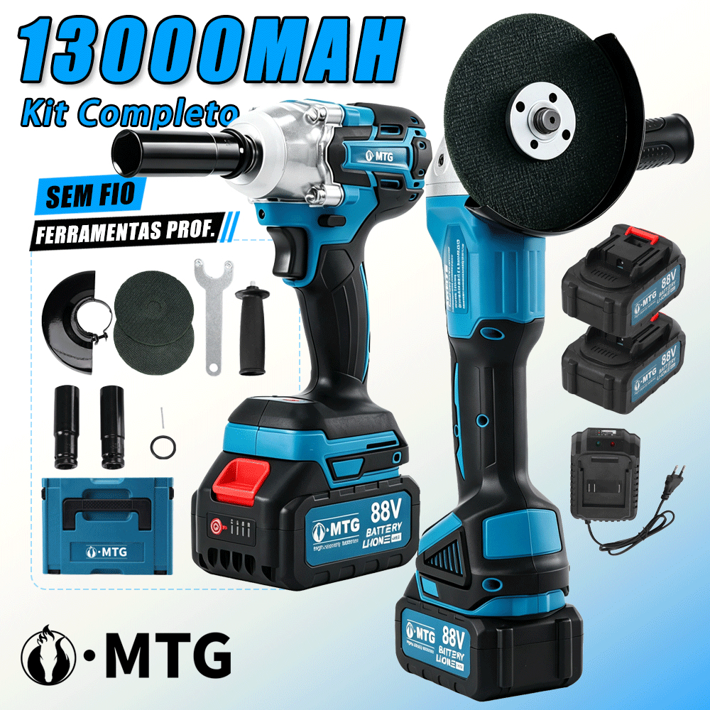 Kit 2 em 1 Chave de Impacto 800N.m + Esmerilhadeira 125mm 1000W 21V Brushless Sem Fio 2 Baterias MTG