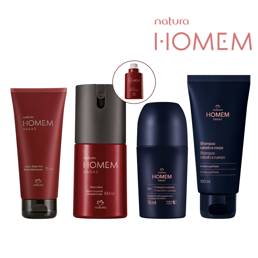 Linha Natura Homem Sagaz: Balm Pós-Barba, Shampoo Cabelo, Corpo e Barba, Desodorante Deo Corporal ou Roll-on