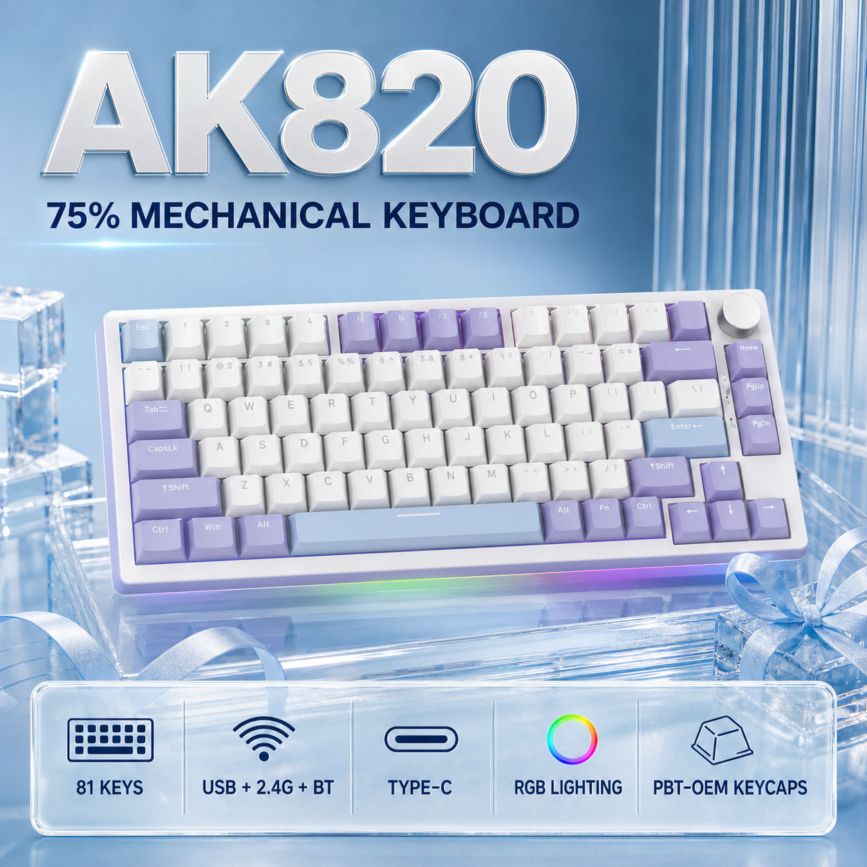Teclado Mecânico com Fio Ajazz AK820 75% 81 Teclas OEM Altura PBT Tampas de Tecla Antighosting Completo RGB Iluminação
