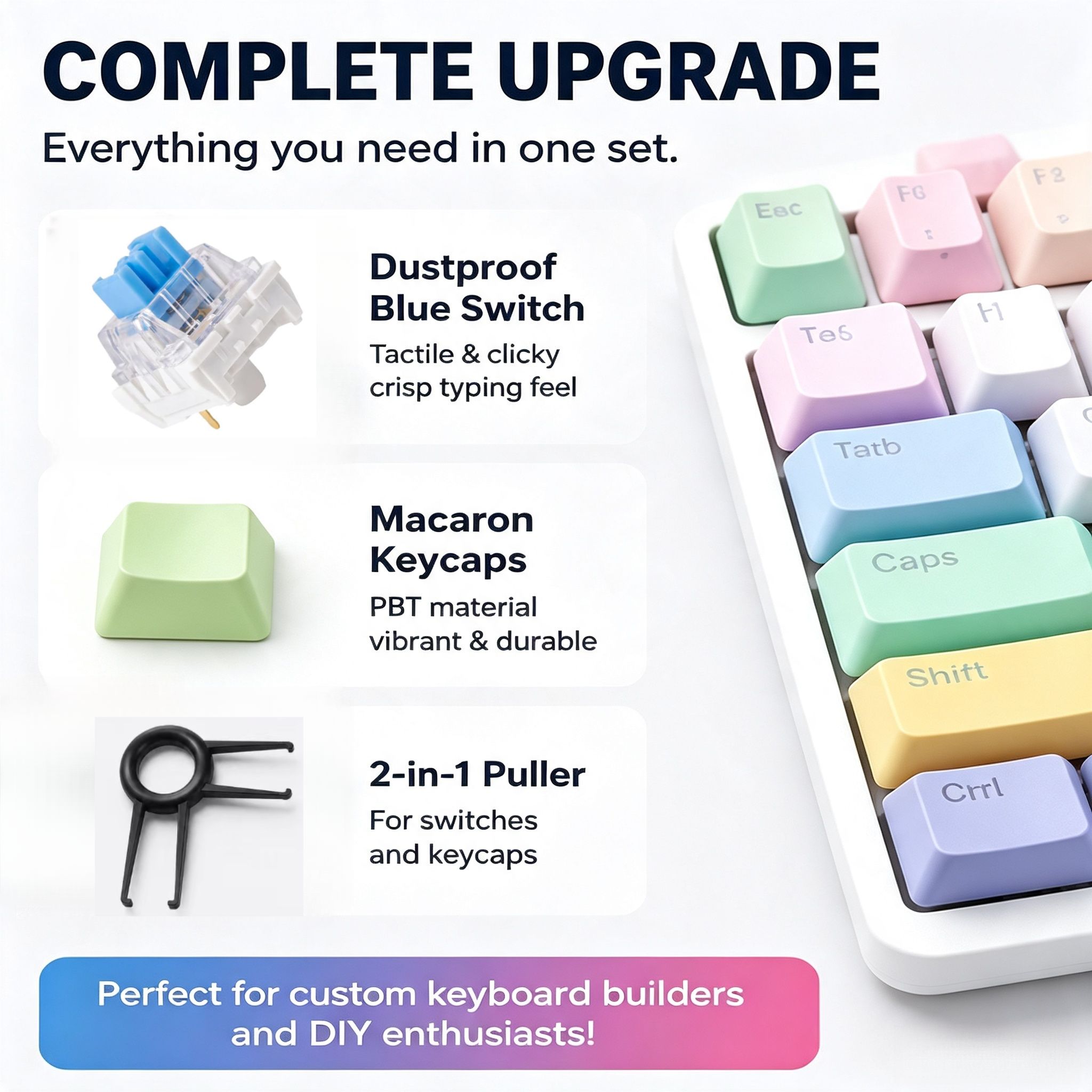 Kit DIY de Teclado Mecânico Completo Tampas de Teclas PBT Resistentes ao Desgaste, Interruptores Azuis à Prova de Poeira