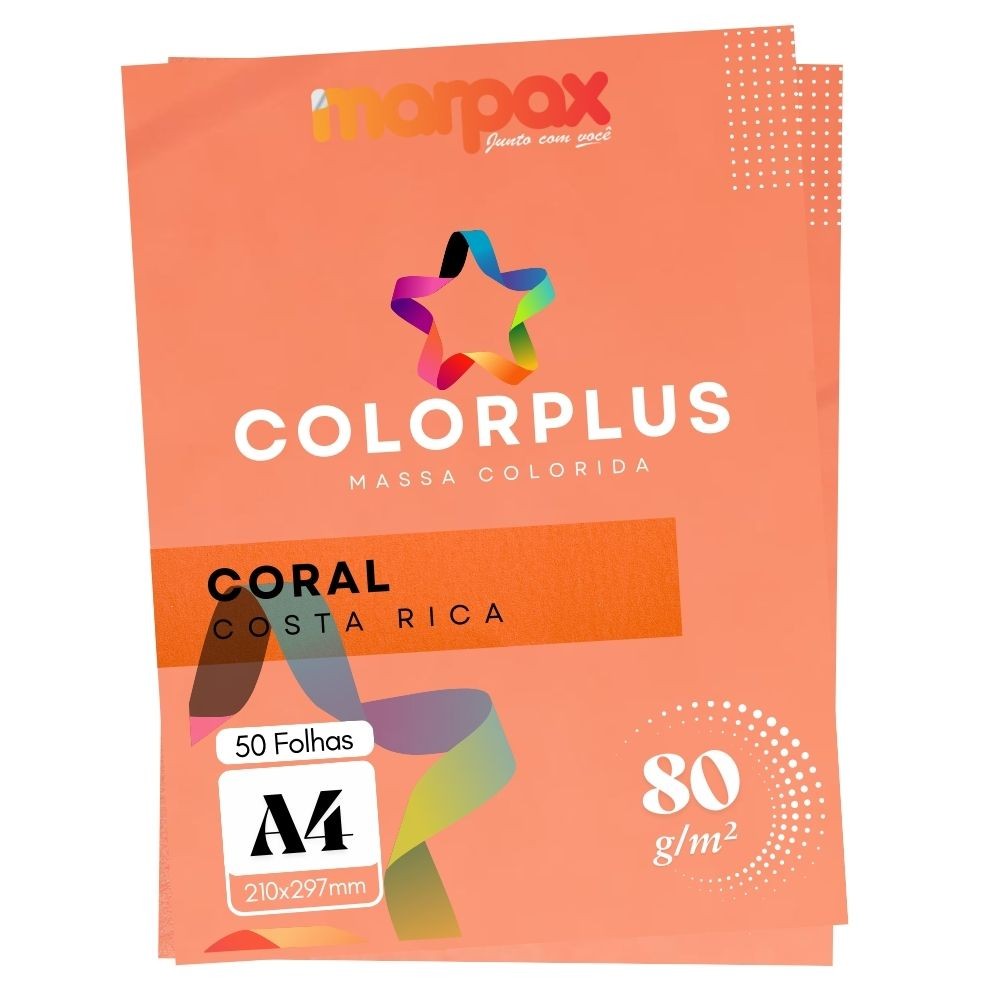 Papel Color Plus 80g A4 210x297mm Coral Costa Rica Marpax 50fls