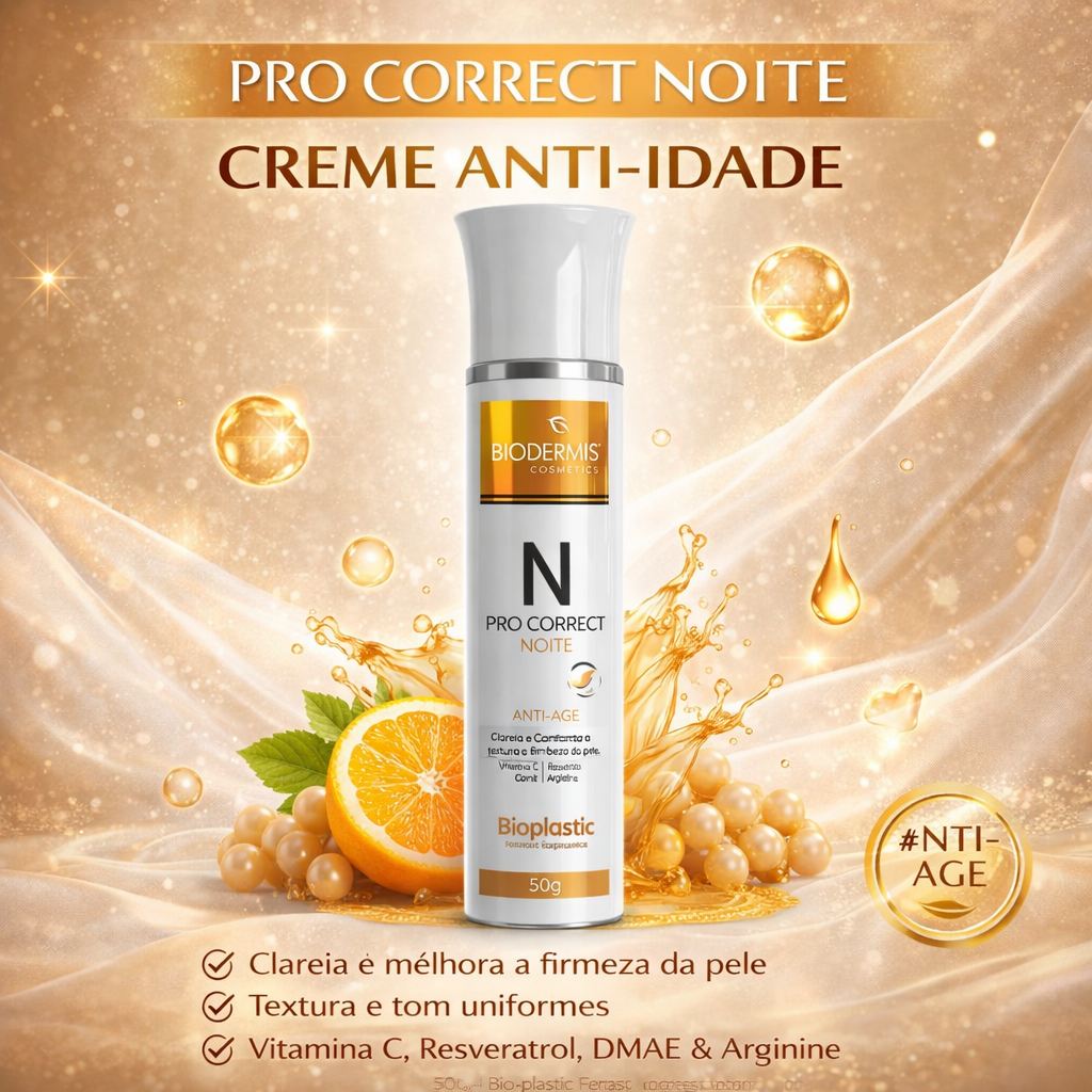 Creme Facial Noturno Pro Correct 50g Bioplastic Biodermis Anti-Aging Clareador e Rejuvenescimento