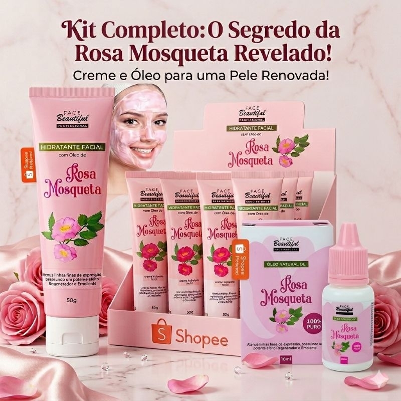 Kit Skincare Creme Hidratante Facial e  Óleo De Rosa Mosqueta Antirrugas