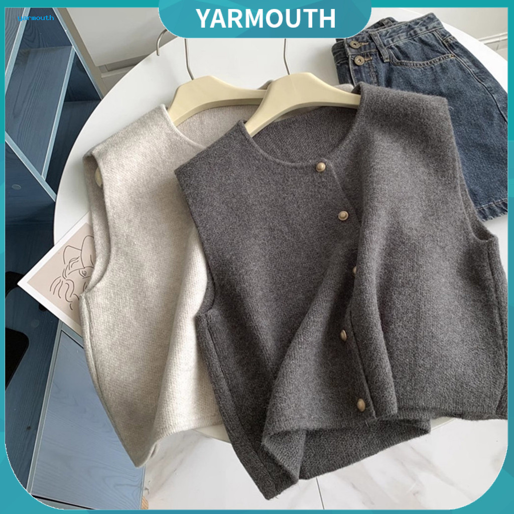 Women Knitted Vest Jacket Women’s Button-down Sweater Coat Thick Elastic Round Neck Soft Brushed Texture Loose Fit for