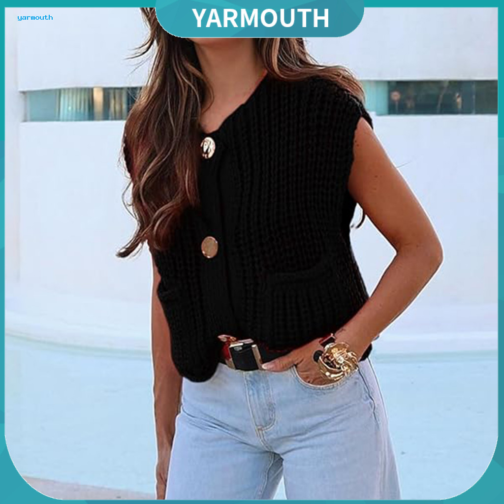 Women Sweater Vest Cardigan Knitted Women’s V-neck Button-down Knit Top with Pockets Loose Fit Crochet Pullover Solid