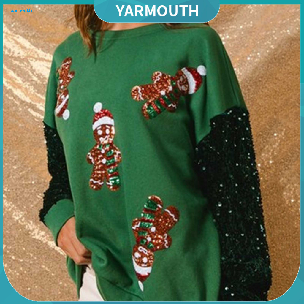 Christmas Santa Claus Sweatshirt Sweater Women’s Sequin Cartoon Pattern Round Neck Long Sleeve Loose Mid-length Pullov
