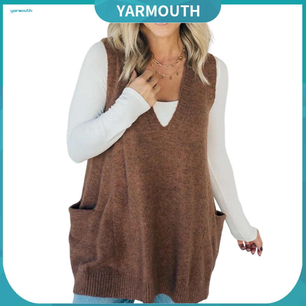 Women Sweater Vest Sleeveless Knitted Women’s V-neck with Pockets Ribbed Trim Loose Fit Mid-length Knitwear for Spring