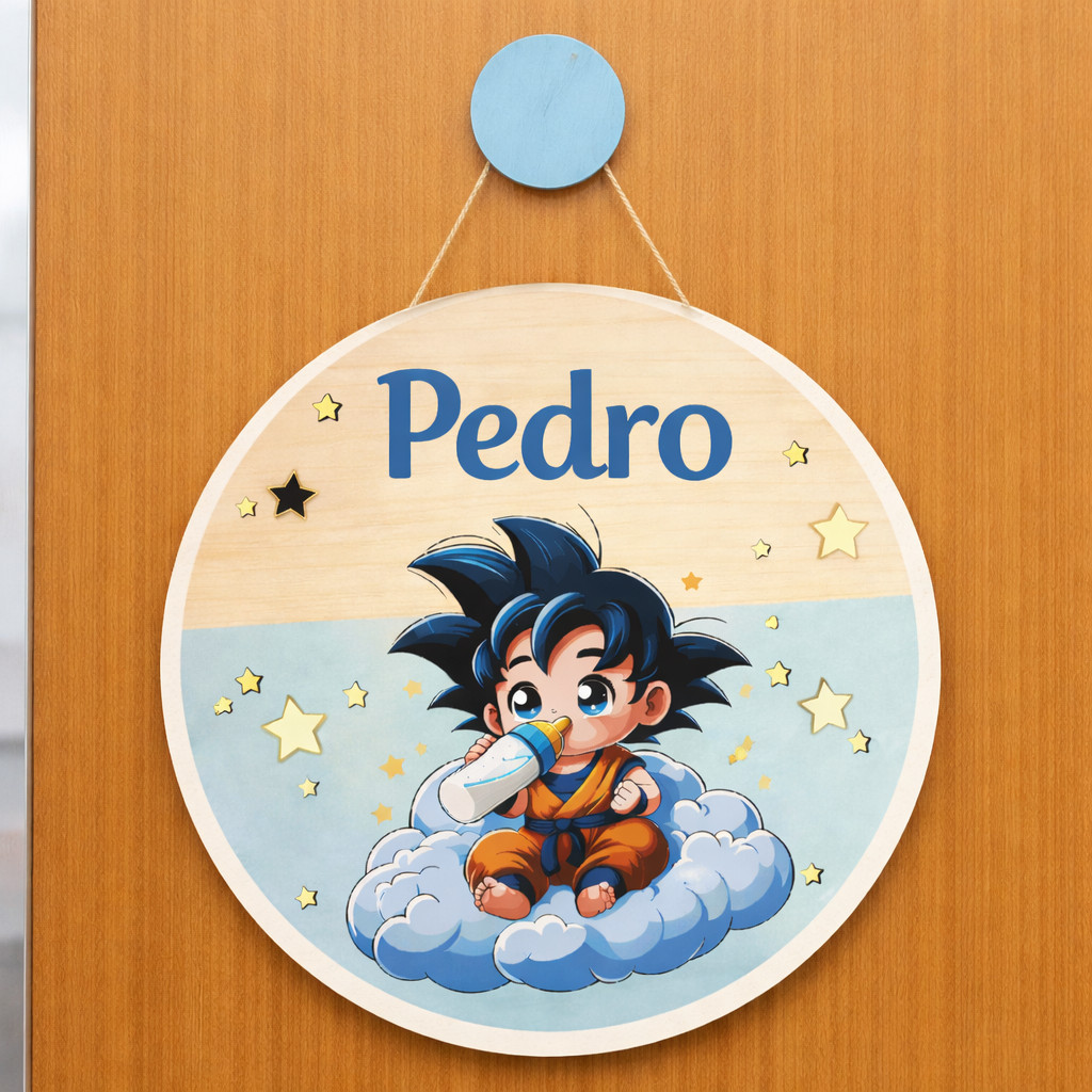 Enfeite Porta Maternidade do Goku em MDF com Nome Personalizado 25cm
