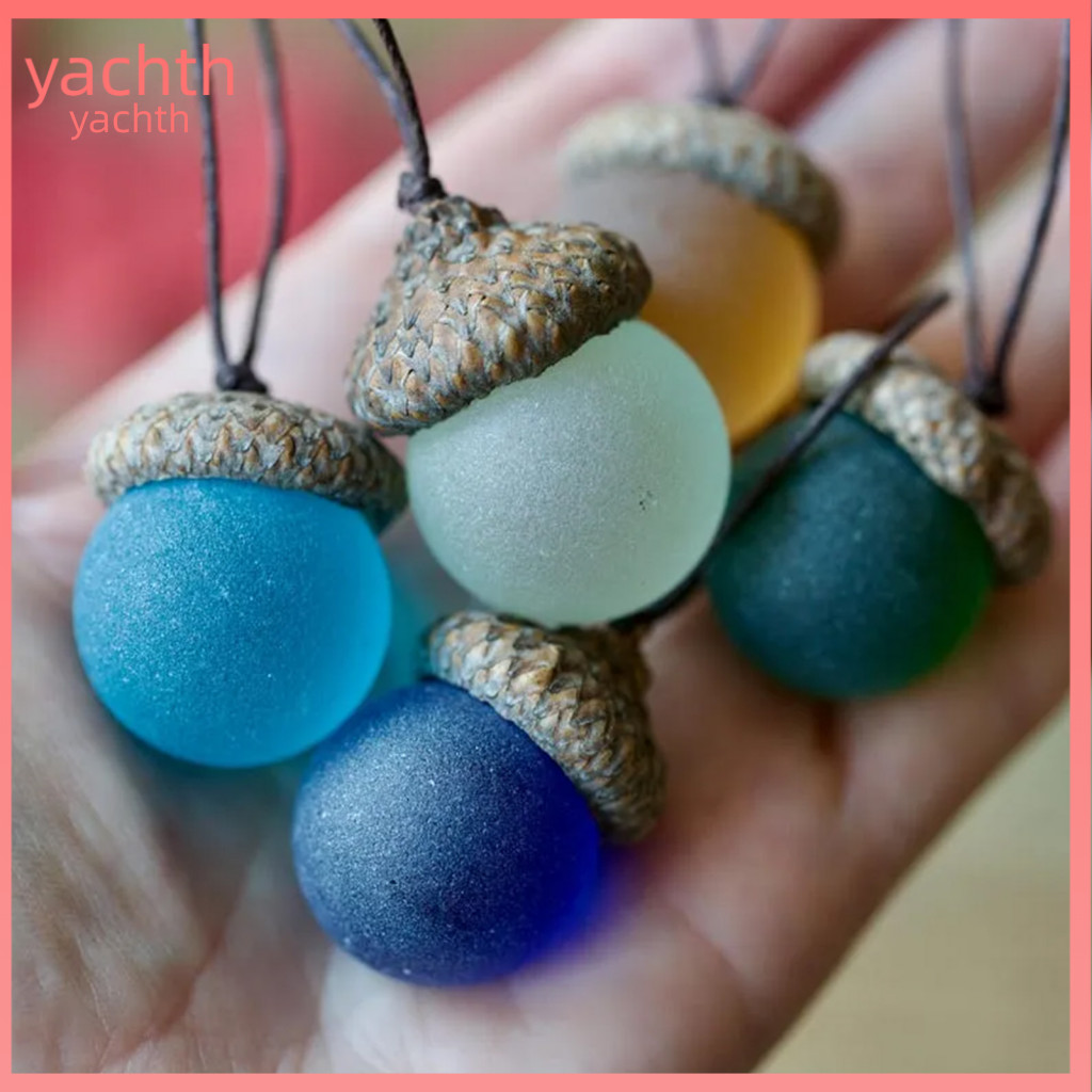 Autumn Acorn Ornament 5 Pcs Handmade Sea Glass Pendants with Natural Caps – Rustic Woodland Hanging Ornaments Small Na
