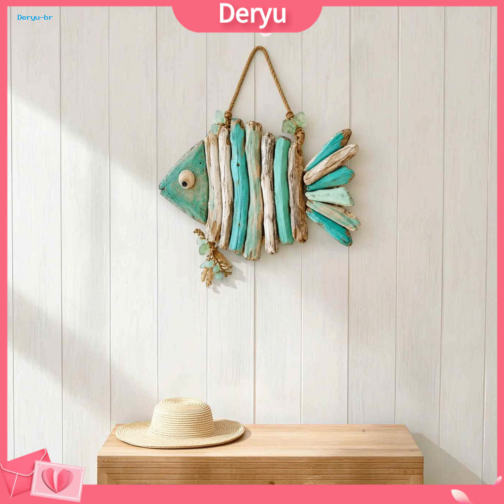 Nautical Hanging Ornaments Rustic Wood Wall Coastal Fish Decor with Sea Glass Jute Rope – Handmade Bohemian Beach Styl