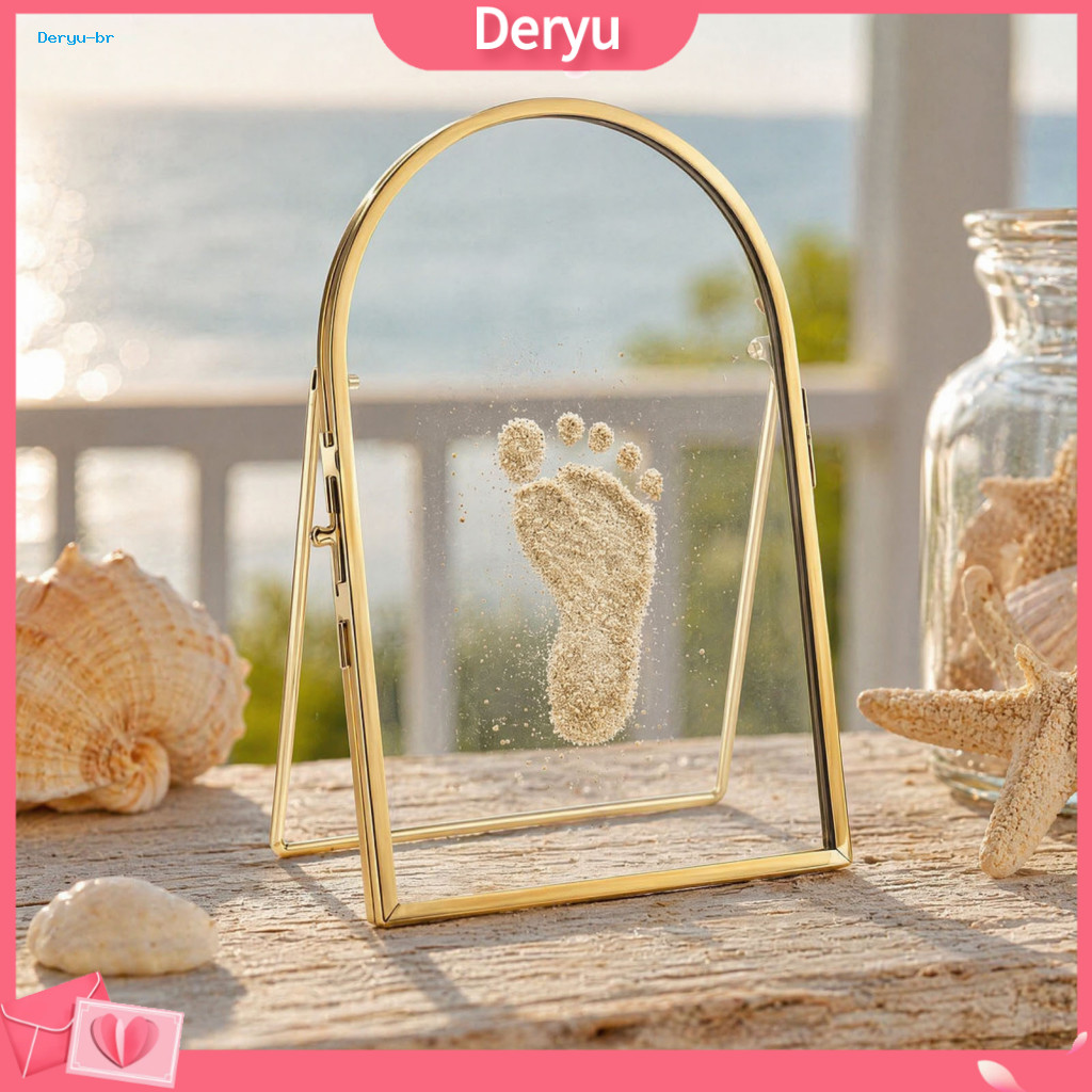 Baby Handprint Kit Gold Rim Glass Frame Diy Hand Footprint with Sea Sand Metal Pressed Keepsake for Newborns Floating Ca