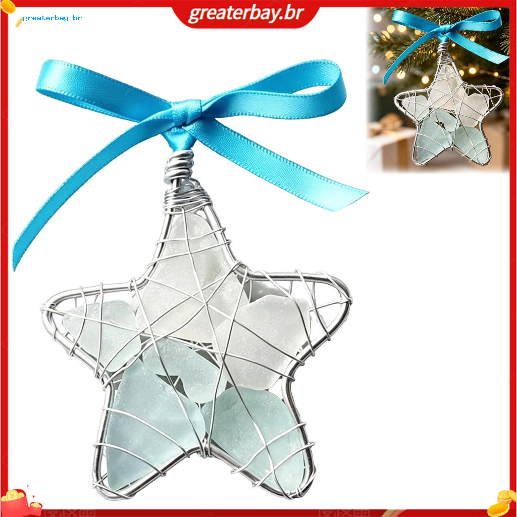 Handmade Sea Glass Star Ornament Coastal Style Decoration with Bowknot for Christmas Tree Window and Home Decor – Perf