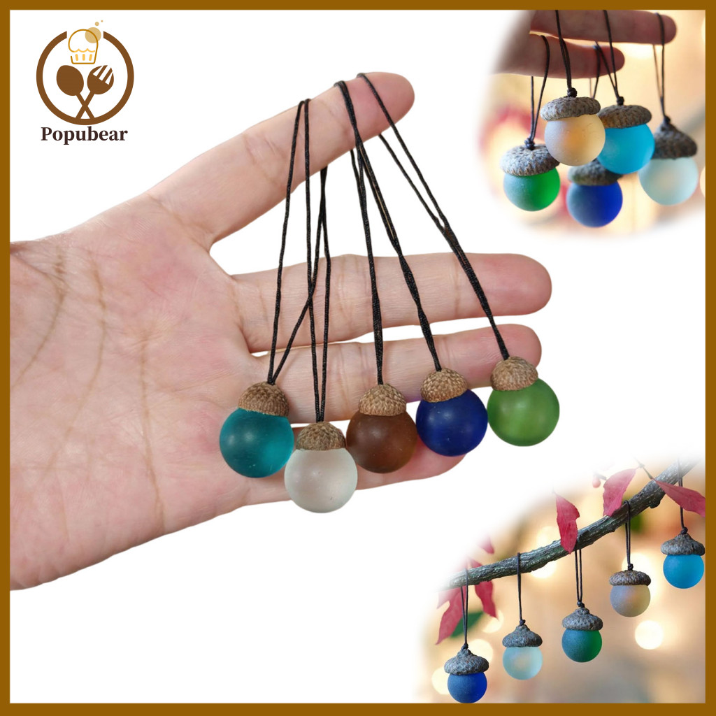 Woodland Charm Pendant 5 Pcs Handmade Sea Glass Acorn Pendants with Natural Caps – Rustic Hanging Ornaments Small Natu