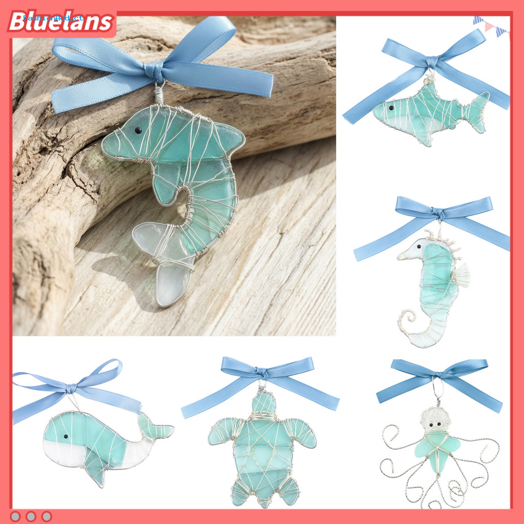 Blue Bow Decorative Accents Beach Themed Ornaments Handmade Sea Glass Ocean – 2d Wire Wrapped Coastal Christmas Tree D