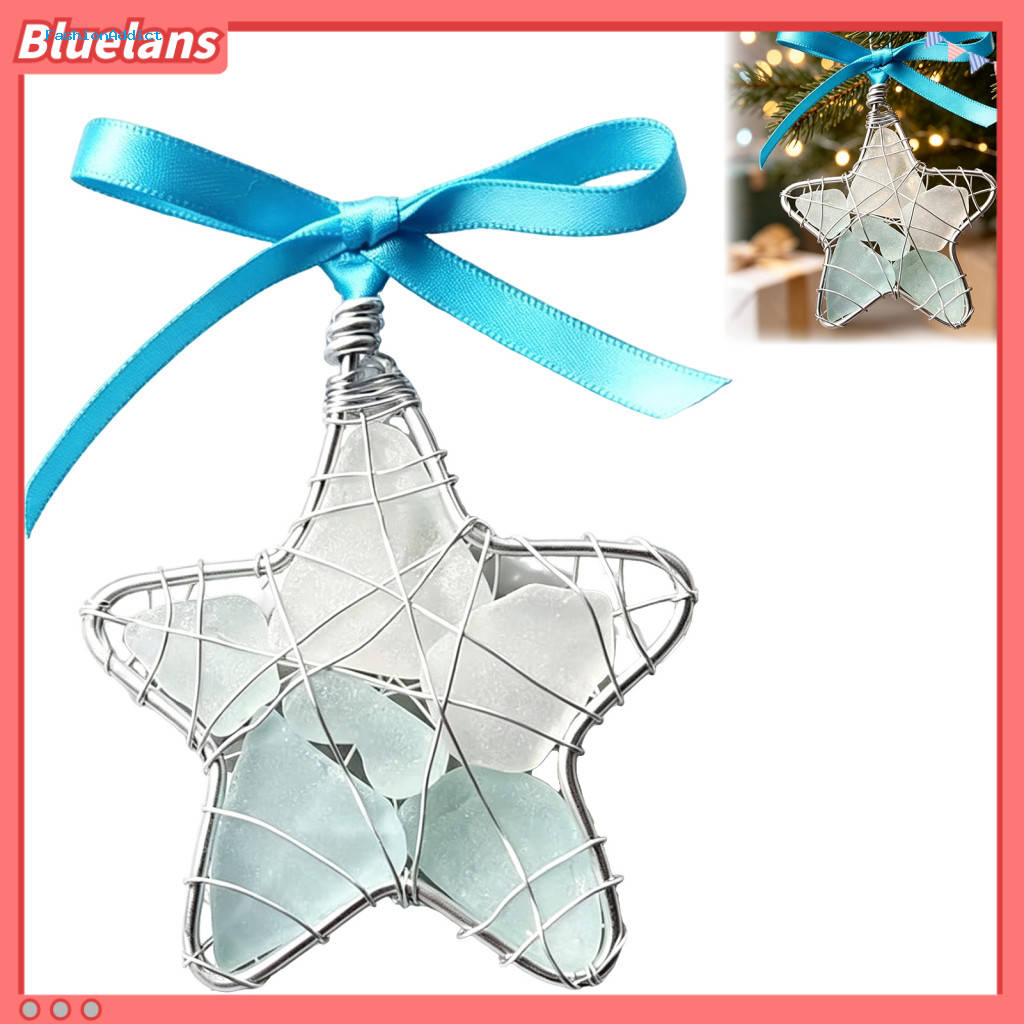 Coastal Style Christmas Decor Ornaments Handmade Sea Glass Star Ornament Decoration with Bowknot for Tree Window