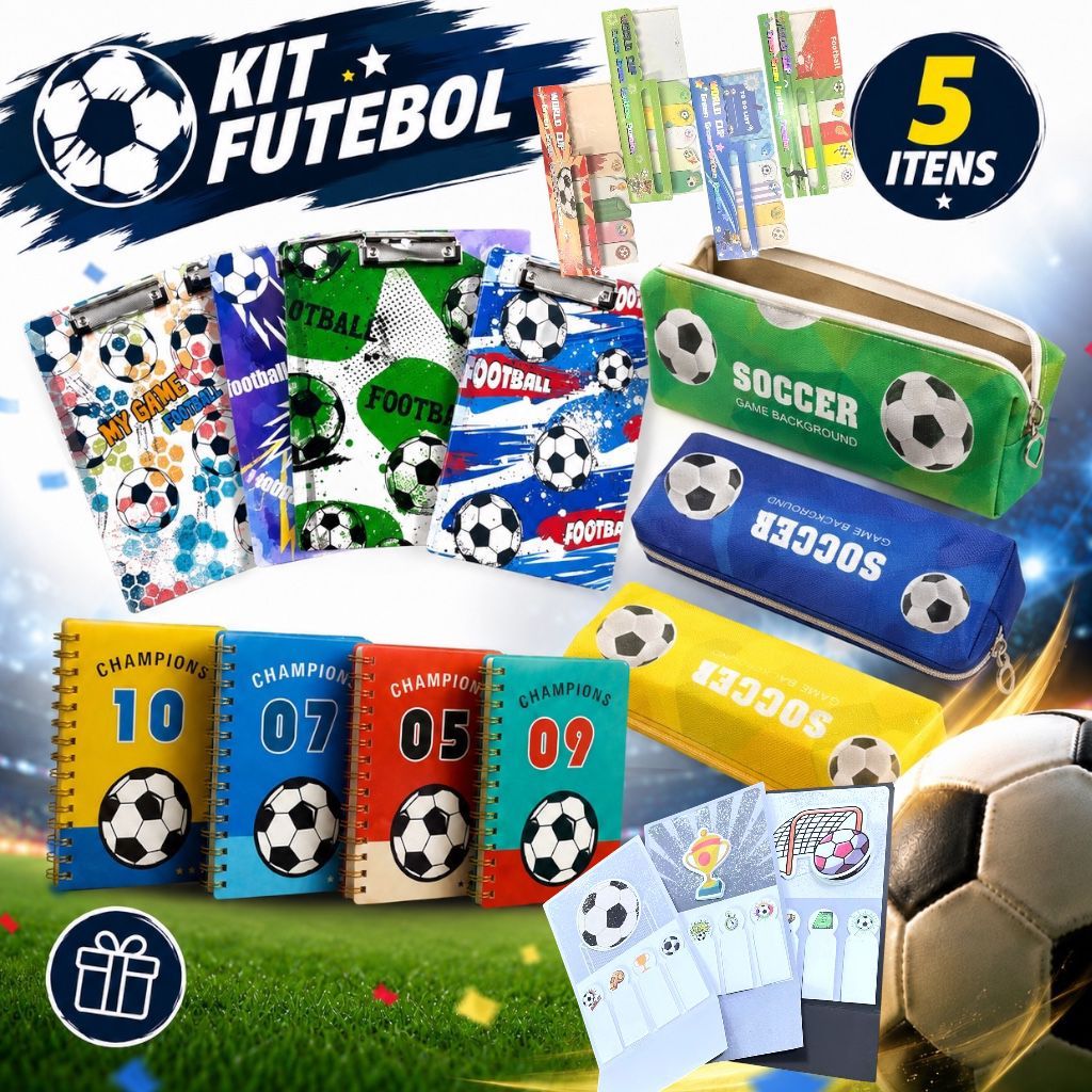 Kit Papelaria Futebol Escolar com Estojo Caderno Post-it e Prancheta Sortidos