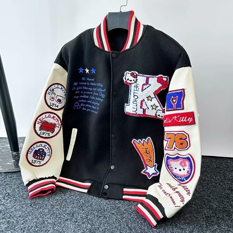 Americano Retro Bonito Gato Pelúcia Bordado Retalhos Jaqueta De Beisebol Masculino E Feminino Na Moda Marca Solta Gola