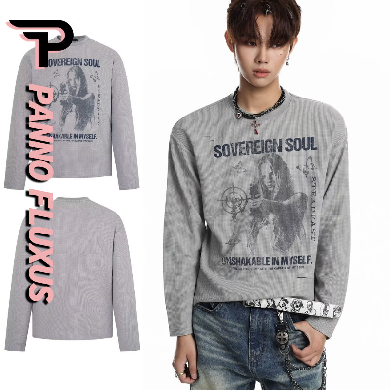 PannoFluxus Retrato Masculino De Manga Comprida Marca De Moda Americana vintage punk Estampa Neutra