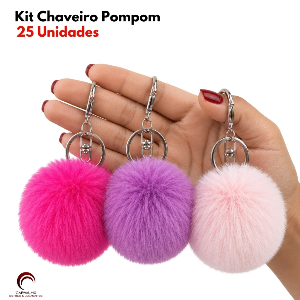 Kit 25 Chaveiros Pompom Pelúcia 70mm Com Argola Chaveiro Feminino Para Bolsa Mochila e Chaves