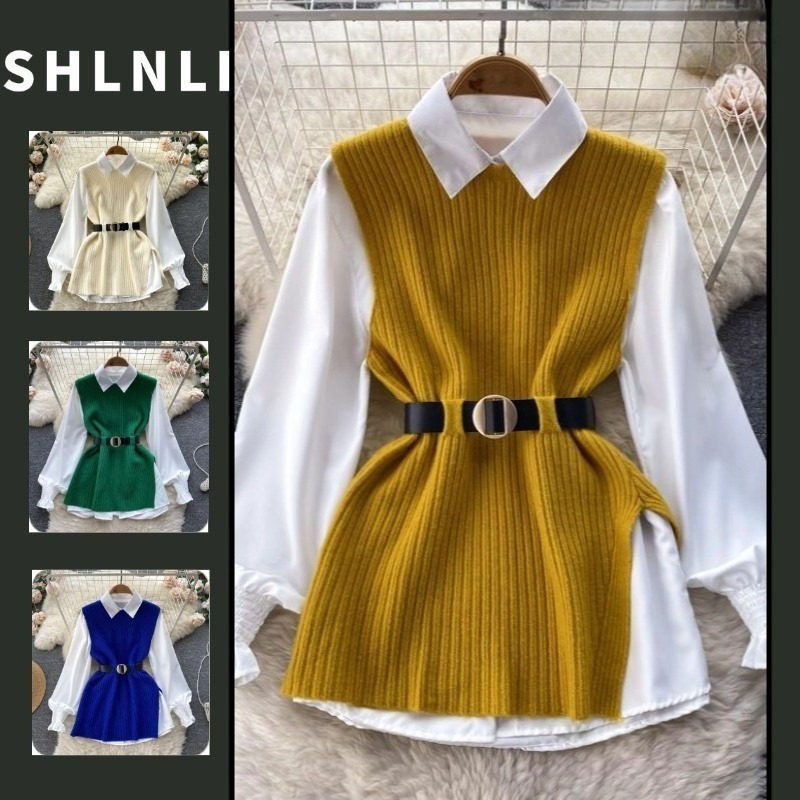 Blusas Bloqueadas De Cores Femininas Coreanas Para Outono Inverno Sem Mangas Colete De Malha+ Cinto Casual Ver