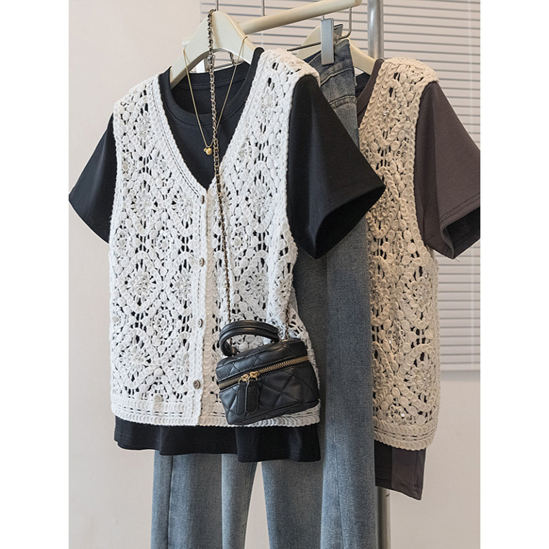Tamanho grande gordura mm estilo coreano crochê oco colete em camadas exterior de manga curta camiseta topo feminino ver