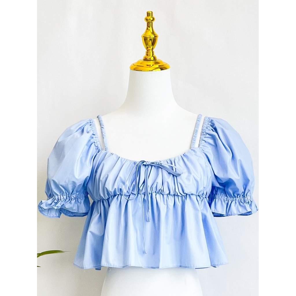 2025 verão novo estilo feminino estilo coreano manga Puff fora do ombro Tether curto camisa pequena doce bonito uma vers