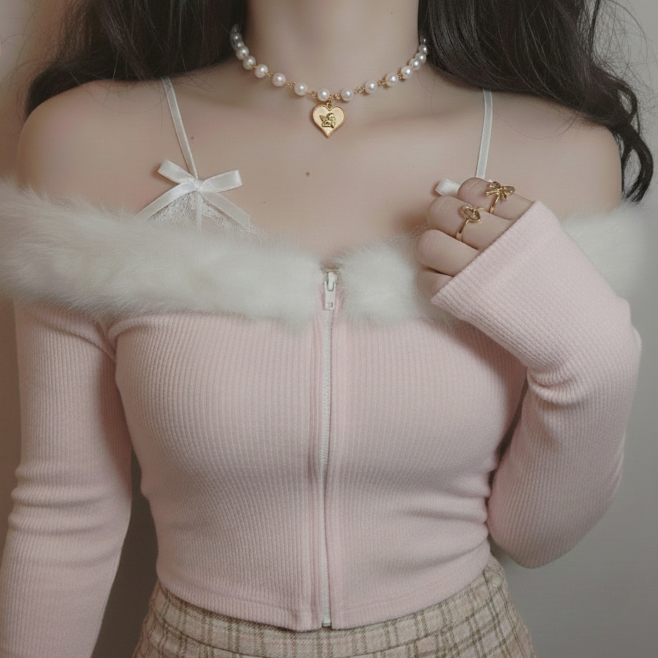 ♥ Jóias Coreanas aimelbie Gargantilha Baby Angel Pearl Choker-ver Dourado . (Colar Billlie Tsuki)
