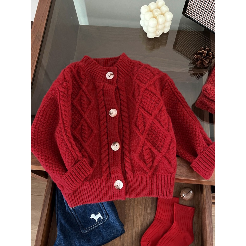 Infantil coreano outono inverno bebê ano novo estilo torção malha Cardigan inverno meninos meninas crianças camisola ver