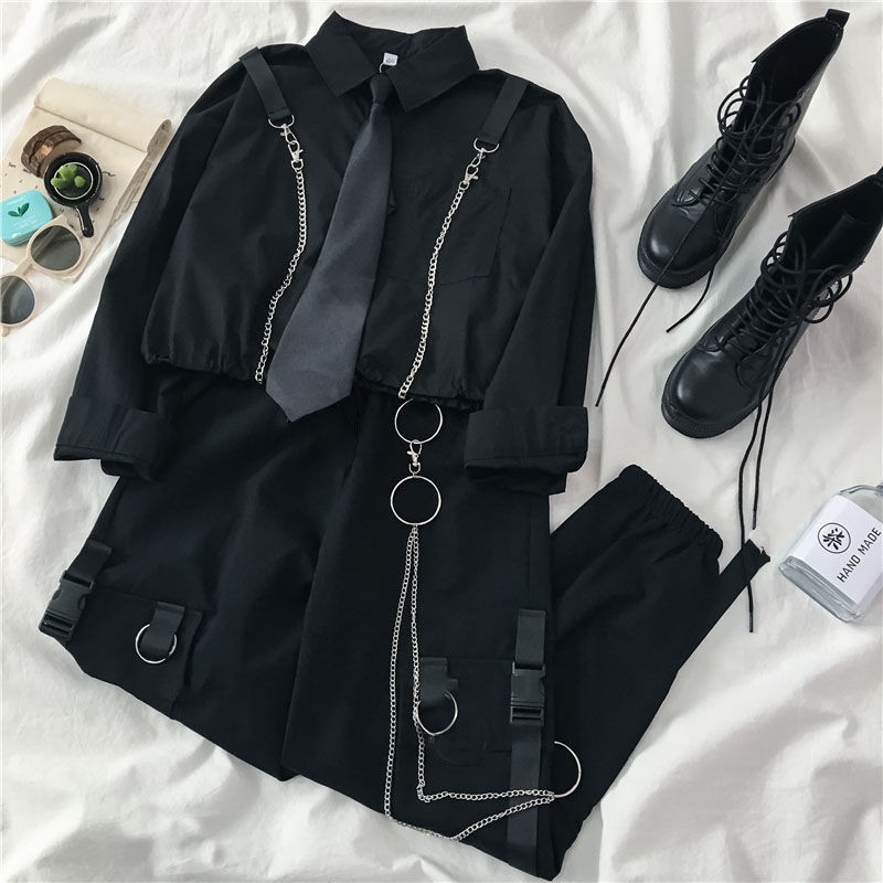 (Liu) Novo Terno Outono Feminino Estudant Vers O Coreana Camisa De Gravata + Cinto De Solta + Cinto De Alto P S Personalizado Macac O