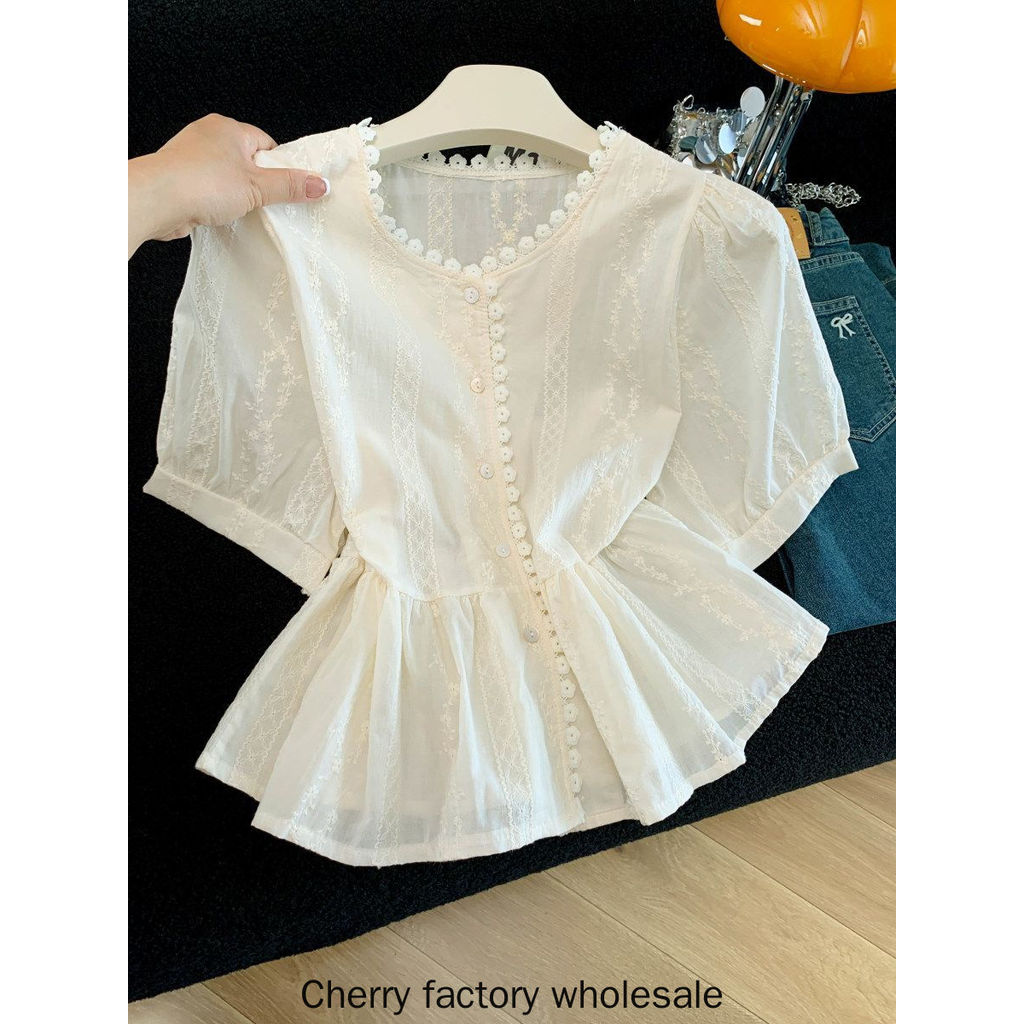 Moda feminina estilo suave francês renda Jacquard manga bufante camisa Design sentido cintura estreita mais magro olhar