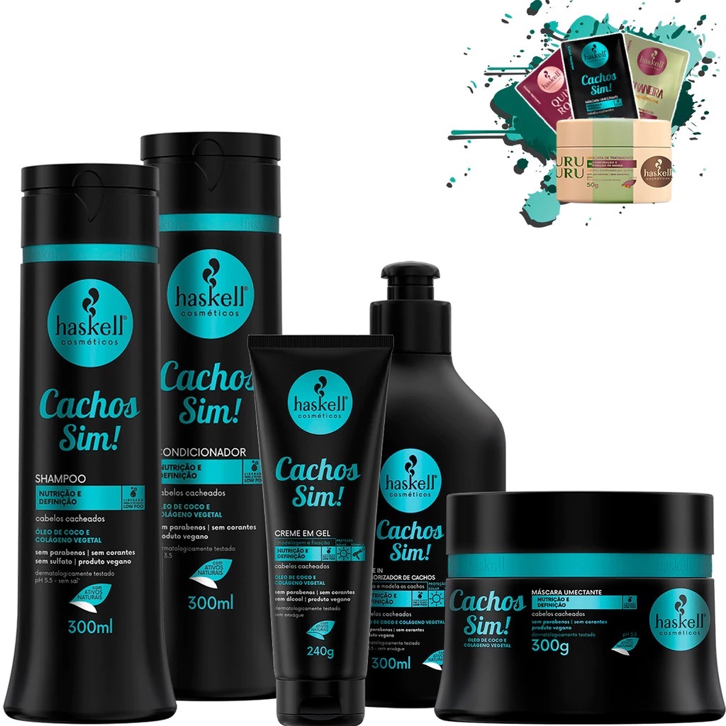 Kir Shampoo Condicionador e Máscara 300ml/gr + Leave in 300ml + Creme em Gel 150g Cachos Sim Haskell