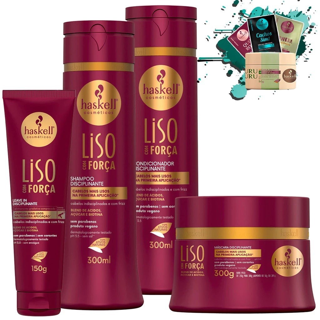 Shampoo Condicionador Máscara 300 ml//gr e leave in 150gr Liso com Força Haskell