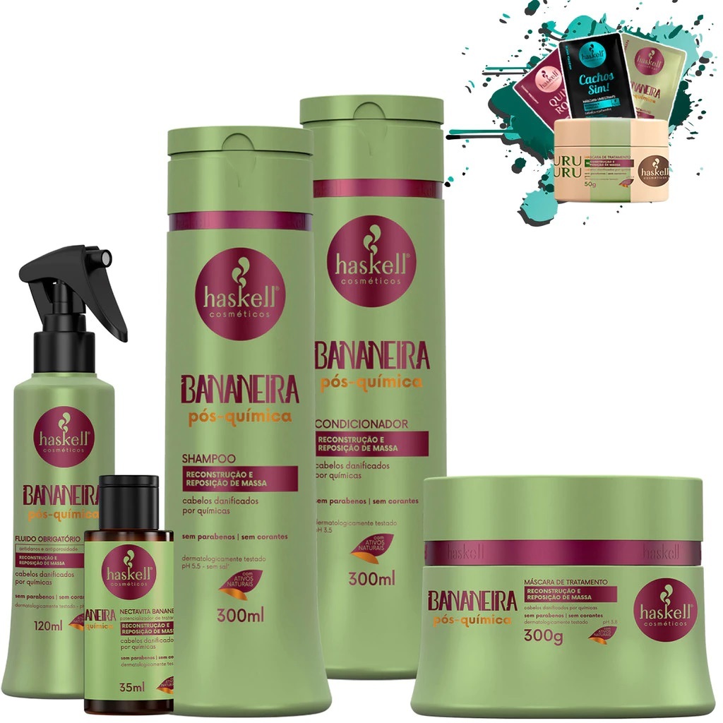 Shampoo Condicionador e Máscara 300ml/gr + Nectavita 35ml + Fluido 120ml Bananeira Haskell