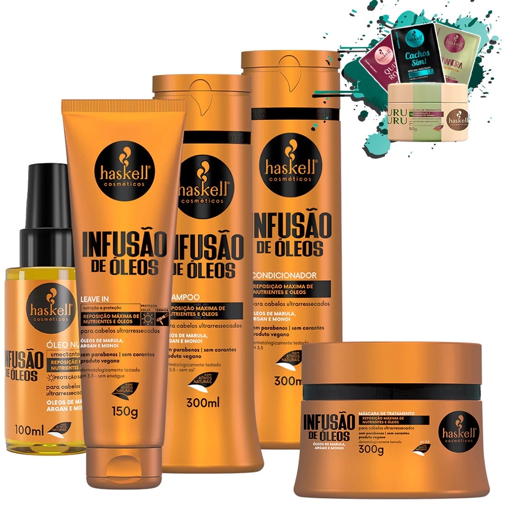 Shampoo Condicionador e Máscara 300ml/gr + Leave in 150gr + Óleo 100ml Infusão de Óleos Haskell