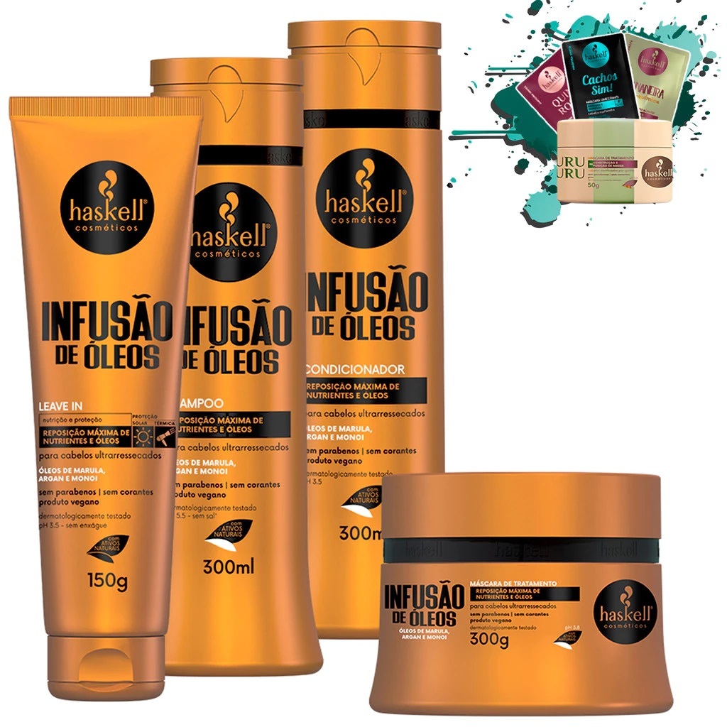 Shampoo Condicionador e Máscara 300ml/gr + Leave 150gr I nfusão de Óleos Haskell