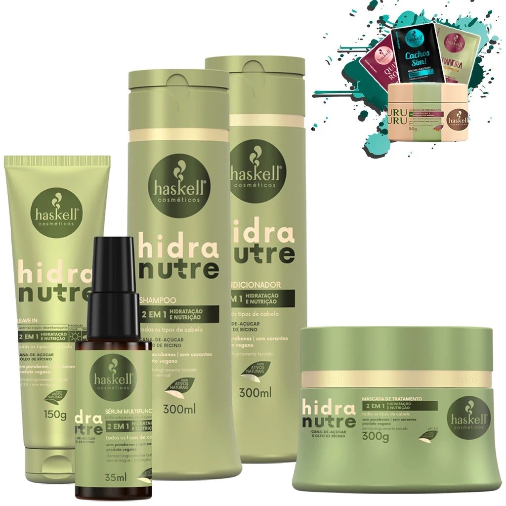Shampoo Condicionador e Máscara 300ml/gr + Leave in 150gr + Serum 35ml Hidranutre Haskell