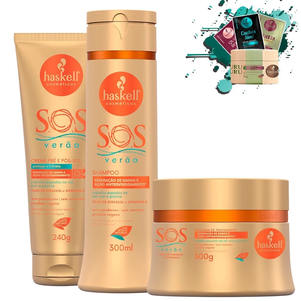 Shampoo, Máscara 300ml/gr e Creme 240gr S.O.S Verão Girassol Haskell