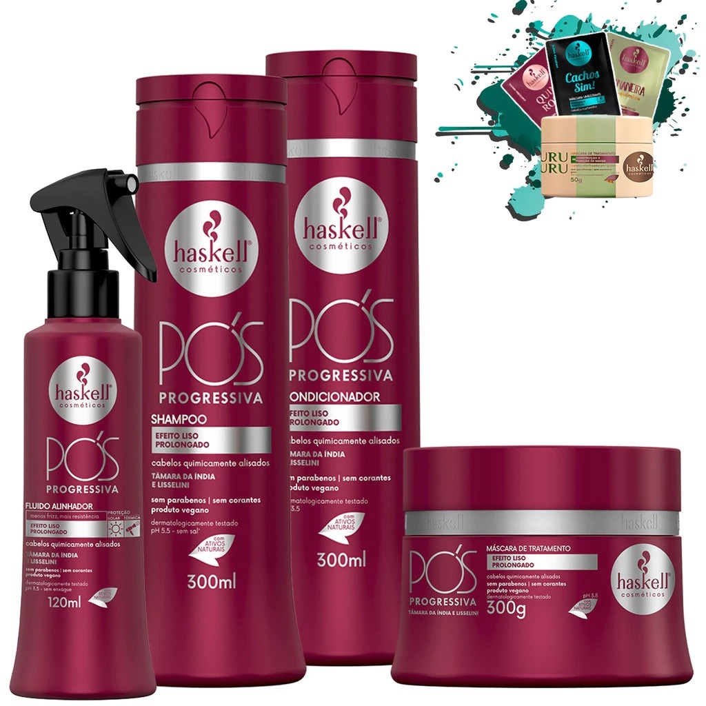 Shampoo Condicionador e Máscara 300ml/gr + Fluido Alinhador Pós Progressiva Haskell