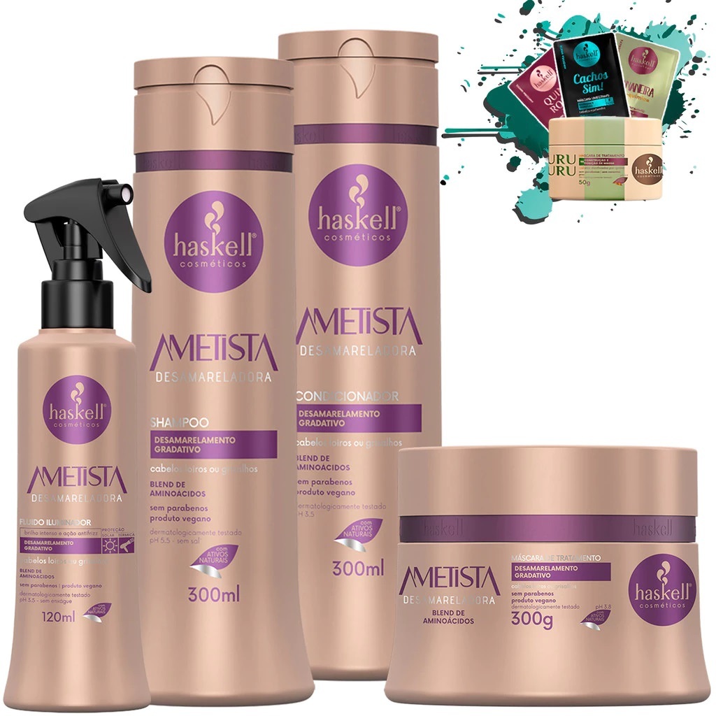 Shampoo, Condicionador e Máscara 300ml/gr + Fluido iluminador 120ml Ametista Haskell
