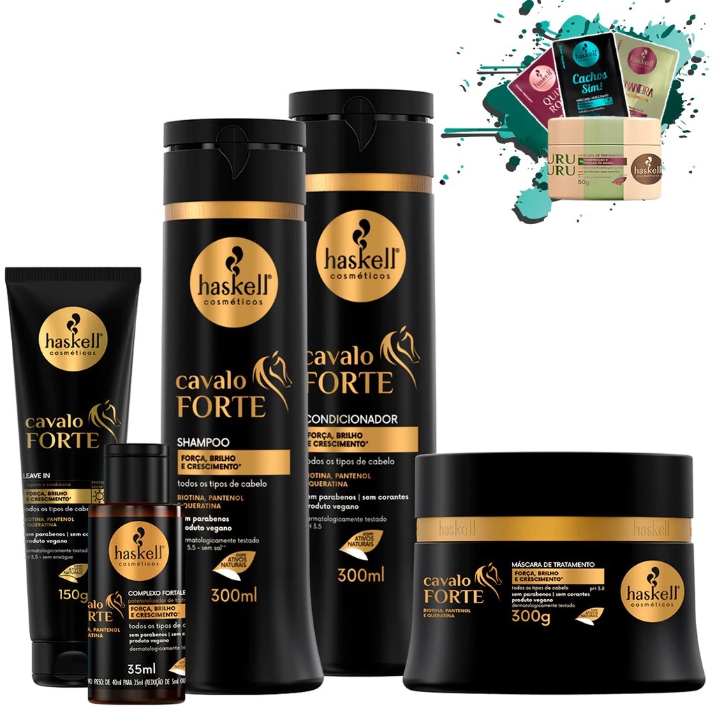 Shampoo Condicionador e Máscara 300ml/gr + Leave in + Complexo fortalecedor Cavalo Forte Haskell
