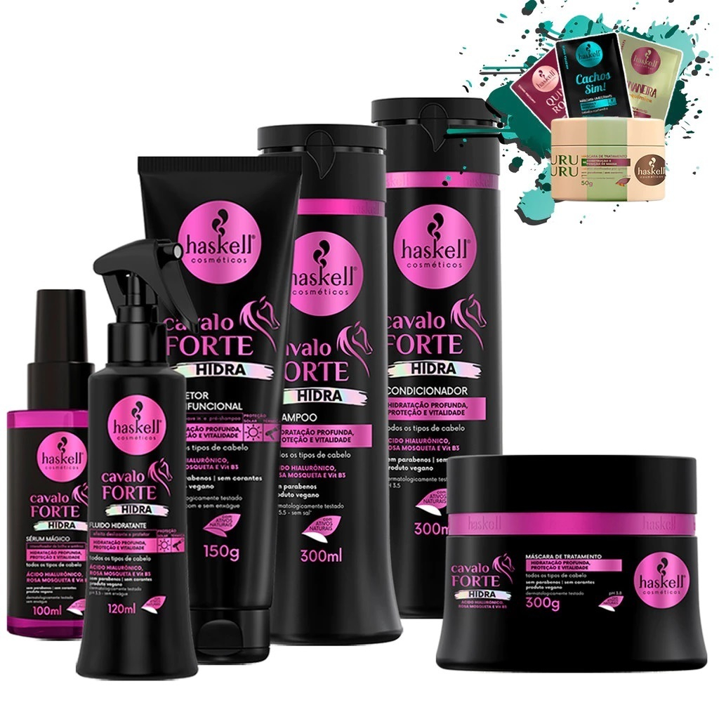 Shampoo Cond  Máscara 300ml/gr + Fluido Mágico + Serum + Protetor térmico Cavalo Forte Hidra Haskell