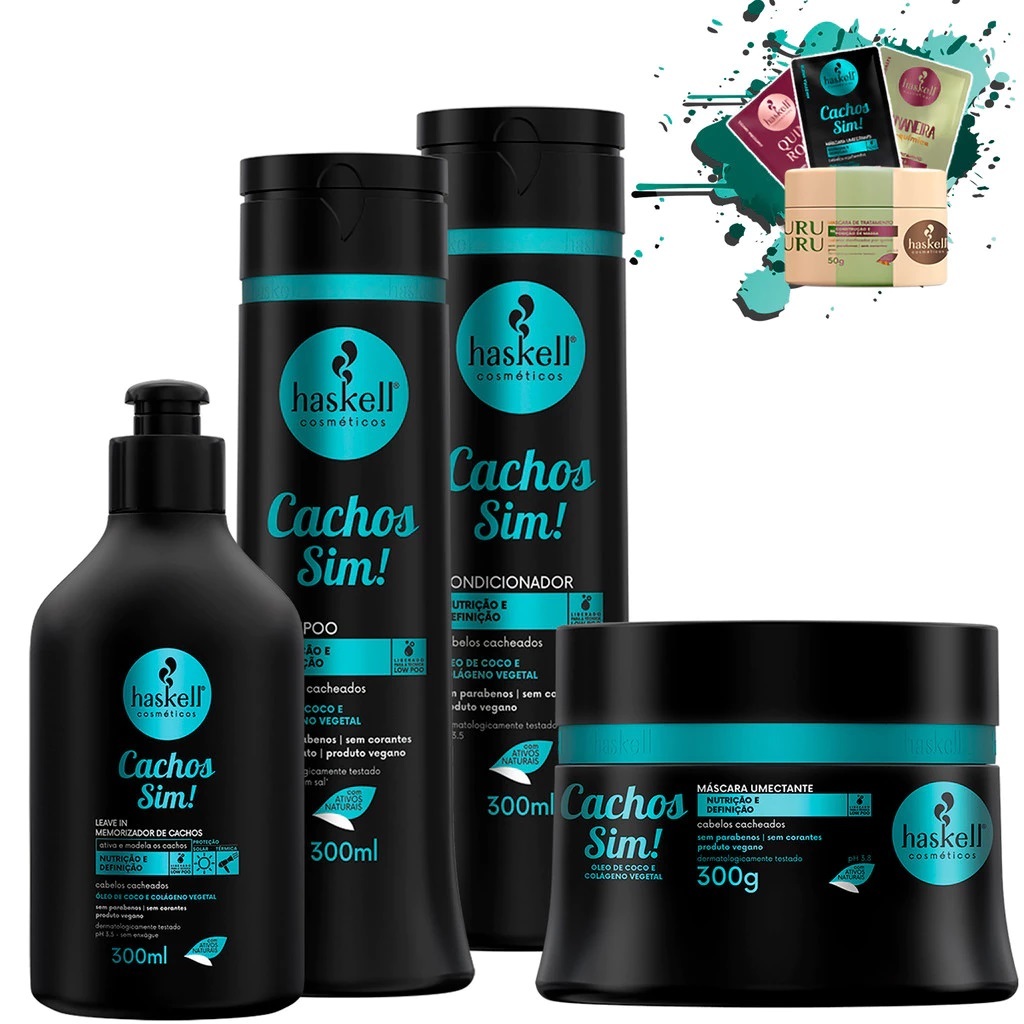 Kit Shampoo Condicionador e Máscara 300ml/gr + leave in 300ml Cachos Sim 300gr Haskell